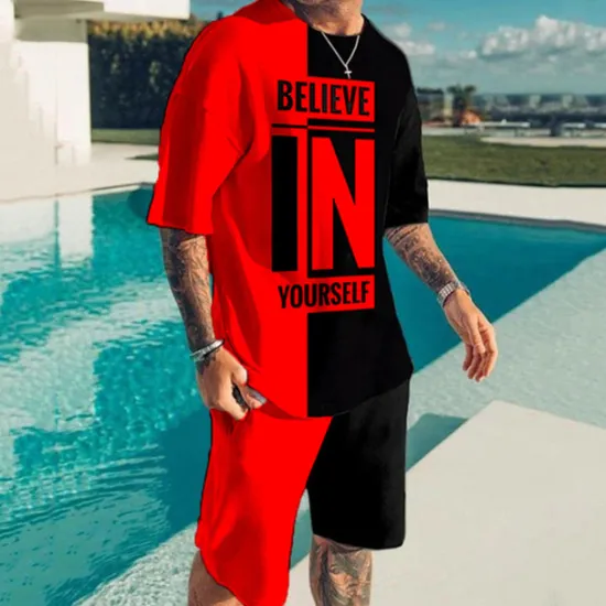 Online OUKU Men's Graphic Color Block Letter 2pcs Tees sets Matching Sets Short Sleeve Short Pants Crew Neck Fashion Lightweight Basic Street Daily Sports Print Summer Spring Black and Red Black+White