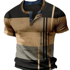 Clearance OUKU Men's Graphic Color Block Waffle Henley Shirt Tee Short Sleeve 3D Print Fashion Designer Comfortable Outdoor Casual Daily Summer Henley Henley T-Shirt Brown