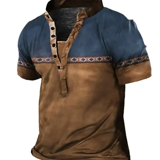 New OUKU Men's Graphic Color Block Henley Shirt Tee Short Sleeve 3D Print Fashion Comfortable Outdoor Casual Daily Spring & Fall Henley Henley T-Shirt Brown