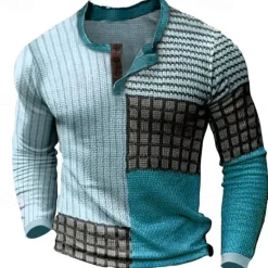 Discount OUKU Men's Graphic Color Block Waffle Henley Shirt Tee Vintage Shirt Long Sleeve 3D Print Fashion Designer Comfortable Outdoor Casual Daily Spring & Fall Blue Sky Blue Camel Brown Gray Henley Henley