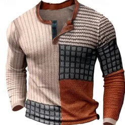 Discount OUKU Men's Graphic Color Block Waffle Henley Shirt Tee Vintage Shirt Long Sleeve 3D Print Fashion Designer Comfortable Outdoor Casual Daily Spring & Fall Blue Sky Blue Camel Brown Gray Henley Henley