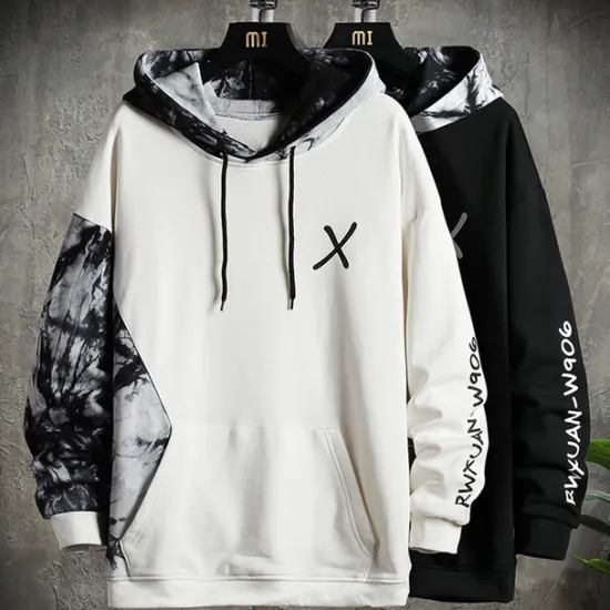 OUKU Men's Graphic Color Block Letter Hoodie Hoodies Sweatshirt Cool Casual Long Sleeve Hooded Casual Black White Patchwork Print Front Pocket Winter Spring & Fall Designer