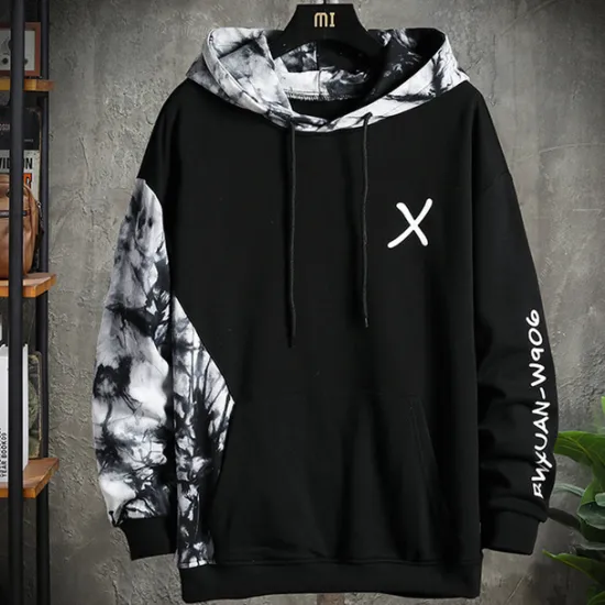 OUKU Men's Graphic Color Block Letter Hoodie Hoodies Sweatshirt Cool Casual Long Sleeve Hooded Casual Black White Patchwork Print Front Pocket Winter Spring & Fall Designer
