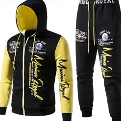 Outlet OUKU Men's Graphic Color Block Letter 2pcs 3D Sweatshirt Sets Hoodie Tracksuit Long Sleeve Long pants Hooded Streetwear Designer Casual Sports & Outdoor Casual Sports Zipper Print Spring Fall Yellow Blue
