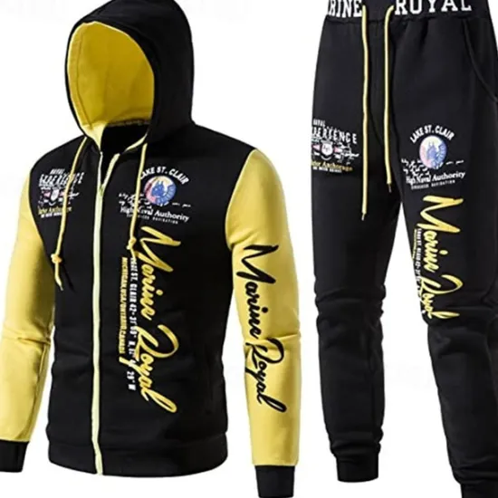 Outlet OUKU Men's Graphic Color Block Letter 2pcs 3D Sweatshirt Sets Hoodie Tracksuit Long Sleeve Long pants Hooded Streetwear Designer Casual Sports & Outdoor Casual Sports Zipper Print Spring Fall Yellow Blue