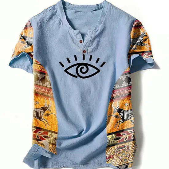 Best OUKU Men's Graphic Color Block Tribal T Shirt Henley Shirt Short Sleeve 3D Printing Designer Ethnic Classic Outdoor Vacation Daily Spring & Summer Blue Green Khaki Gray V Neck Henley T-Shirt