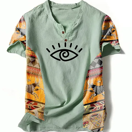 Best OUKU Men's Graphic Color Block Tribal T Shirt Henley Shirt Short Sleeve 3D Printing Designer Ethnic Classic Outdoor Vacation Daily Spring & Summer Blue Green Khaki Gray V Neck Henley T-Shirt