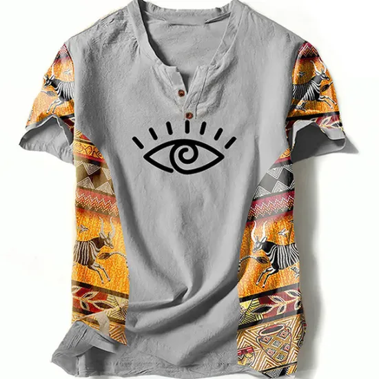 Best OUKU Men's Graphic Color Block Tribal T Shirt Henley Shirt Short Sleeve 3D Printing Designer Ethnic Classic Outdoor Vacation Daily Spring & Summer Blue Green Khaki Gray V Neck Henley T-Shirt