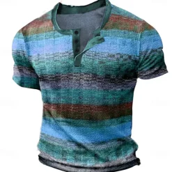 Clearance OUKU Men's Graphic Color Block Waffle Henley Shirt Tee Short Sleeve 3D Print Vintage Fashion Designer Outdoor Casual Daily Summer Blue Purple Orange Green Henley Henley T-Shirt