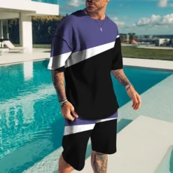 Outlet OUKU Men's Graphic Color Block 2pcs Tees sets Short Sleeve Short Pants Crew Neck Designer Casual Comfortable Outdoor Vacation Daily 3D Print Spring & Summer Black Yellow Pink
