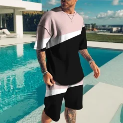 Outlet OUKU Men's Graphic Color Block 2pcs Tees sets Short Sleeve Short Pants Crew Neck Designer Casual Comfortable Outdoor Vacation Daily 3D Print Spring & Summer Black Yellow Pink