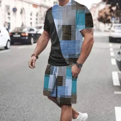 Hot OUKU Men's Graphic Color Block 2pcs Tees sets Matching Sets Short Sleeve Short Pants Crew Neck Designer Casual Comfortable Outdoor Vacation Daily 3D Print Spring & Summer Red Blue Green