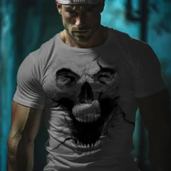 Discount OUKU Men's Graphic Cool Skulls T Shirt Tee Top Short Sleeve T shirt 3D Print Crew Neck Shirt Daily Designer Retro Vintage Sports Outdoor Holiday Going out White Khaki Dark Gray Spring & Summer Clothing