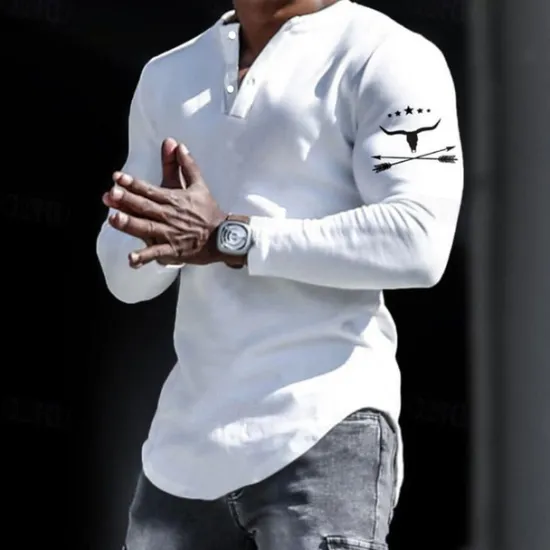 Clearance OUKU Men's Graphic Cowboy Henley Shirt Long Sleeve 3D Print Fashion Daily Casual Casual Holiday Going out Spring & Fall Black White Yellow Gray Henley Henley T-Shirt