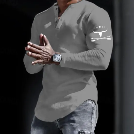 Clearance OUKU Men's Graphic Cowboy Henley Shirt Long Sleeve 3D Print Fashion Daily Casual Casual Holiday Going out Spring & Fall Black White Yellow Gray Henley Henley T-Shirt