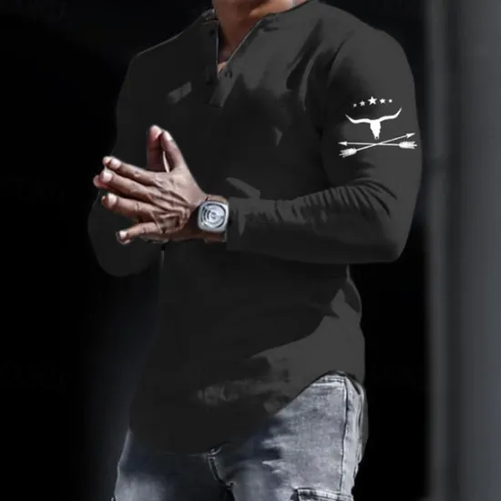 Clearance OUKU Men's Graphic Cowboy Henley Shirt Long Sleeve 3D Print Fashion Daily Casual Casual Holiday Going out Spring & Fall Black White Yellow Gray Henley Henley T-Shirt