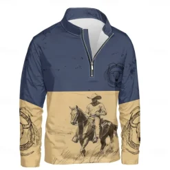 Hot OUKU Men's Graphic Cowboy Hoodies Daily Casual Long Sleeve Stand Collar Vacation Going out Streetwear Print Spring & Fall Designer Blue