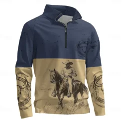 Hot OUKU Men's Graphic Cowboy Hoodies Daily Casual Long Sleeve Stand Collar Vacation Going out Streetwear Print Spring & Fall Designer Blue