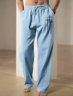Clearance OUKU Men's Graphic Cross Faith Pants Trousers Mid Waist Casual Daily Wear Vacation Going out Spring Fall Black Blue Green