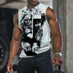 New OUKU Men's Graphic Cross Vest Top Sleeveless T Shirt for Men Sleeveless Cap Sleeve T shirt 3D Print Crew Neck Shirt Fashion Designer Muscle Daily Sports Running Light Yellow Black White Spring & Summer