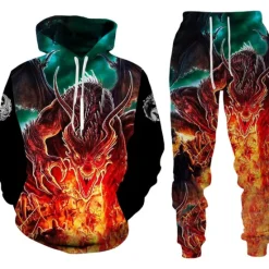 Hot OUKU Men's Graphic Dragon 2pcs 3D Sweatshirt Sets Tracksuit Hoodies Long Sleeve Long pants Hooded Streetwear Designer Basic Sports & Outdoor Casual Sports Print Spring Fall Black Red Orange