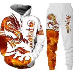 Clearance OUKU Men's Graphic Dragon 2pcs 3D Sweatshirt Sets Tracksuit Hoodies Long Sleeve Long pants Hooded Streetwear Designer Basic Sports & Outdoor Casual Sports Print Spring Fall Red Orange