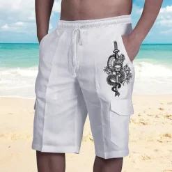Online OUKU Men's Graphic Dragon Shorts Beach Shorts Mid Waist Streetwear Designer Big and Tall Casual Daily Holiday Elastic Waist Drawstring Print Designer Clothing Apparel