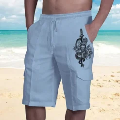 Online OUKU Men's Graphic Dragon Shorts Beach Shorts Mid Waist Streetwear Designer Big and Tall Casual Daily Holiday Elastic Waist Drawstring Print Designer Clothing Apparel