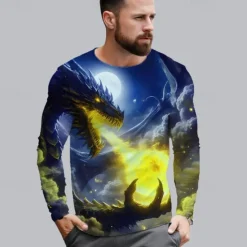 OUKU Men's Graphic Dragon T Shirt Long Sleeve T shirt 3D Print Crew Neck Shirt Fashion Designer Casual Sports Outdoor Holiday Going out Blue Dark Blue Spring & Fall Clothing Apparel S M L XL 2XL 3XL