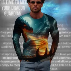 OUKU Men's Graphic Dragon T Shirt Long Sleeve T shirt 3D Print Crew Neck Shirt Fashion Designer Casual Sports Outdoor Holiday Going out Blue Dark Blue Spring & Fall Clothing Apparel S M L XL 2XL 3XL
