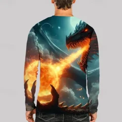 OUKU Men's Graphic Dragon T Shirt Long Sleeve T shirt 3D Print Crew Neck Shirt Fashion Designer Casual Sports Outdoor Holiday Going out Blue Dark Blue Spring & Fall Clothing Apparel S M L XL 2XL 3XL