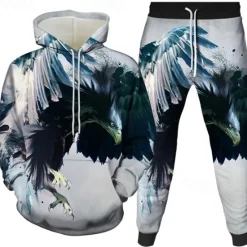 Discount OUKU Men's Graphic Eagle 2pcs 3D Sweatshirt Sets Tracksuit Hoodies Long Sleeve Long pants Hooded Streetwear Basic Casual Sports & Outdoor Casual Sports Print Spring Fall Black White Red