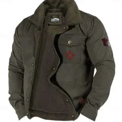 Hot OUKU Men's Graphic Embroidered Fleece Jacket Sherpa Trucker Jacket Work Cargo Jacket Turn-Down Collar Warm Winter Cotton Jacket Vintage Casual Going Out Coat Multi-Pockets