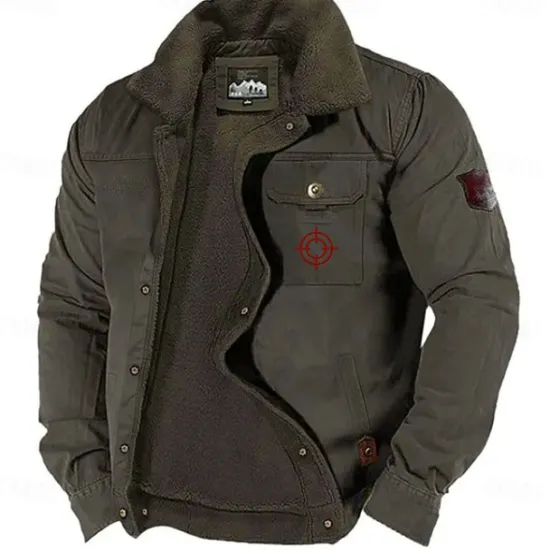 Hot OUKU Men's Graphic Embroidered Fleece Jacket Sherpa Trucker Jacket Work Cargo Jacket Turn-Down Collar Warm Winter Cotton Jacket Vintage Casual Going Out Coat Multi-Pockets