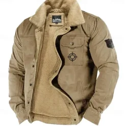 Hot OUKU Men's Graphic Embroidered Fleece Jacket Sherpa Trucker Jacket Work Cargo Jacket Turn-Down Collar Warm Winter Cotton Jacket Vintage Casual Going Out Coat Multi-Pockets