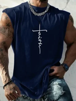 Sale OUKU Men's Graphic Faith Vest Top Sleeveless T Shirt for Men Sleeveless Cap Sleeve T shirt 3D Print Crew Neck Shirt Fashion Designer Muscle Daily Sports Gym Black White Navy Blue Spring & Summer Clothing