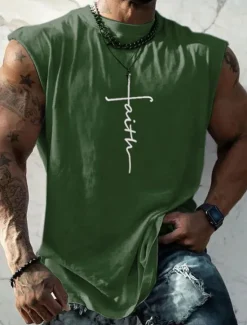 Sale OUKU Men's Graphic Faith Vest Top Sleeveless T Shirt for Men Sleeveless Cap Sleeve T shirt 3D Print Crew Neck Shirt Fashion Designer Muscle Daily Sports Gym Black White Navy Blue Spring & Summer Clothing