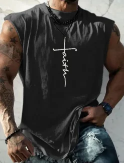Sale OUKU Men's Graphic Faith Vest Top Sleeveless T Shirt for Men Sleeveless Cap Sleeve T shirt 3D Print Crew Neck Shirt Fashion Designer Muscle Daily Sports Gym Black White Navy Blue Spring & Summer Clothing