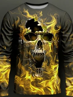 Clearance OUKU Men's Graphic Flame Skulls T Shirt Long Sleeve T shirt 3D Print Crew Neck Shirt Fashion Designer Casual Sports Outdoor Holiday Going out Deep Purple Purple Spring & Fall Clothing Apparel S M Yellow