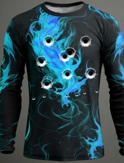 New OUKU Men's Graphic Flame T Shirt Long Sleeve T shirt 3D Print Crew Neck Shirt Fashion Designer Casual Sports Outdoor Holiday Going out Blue Purple Orange Spring & Fall Clothing Apparel S M L XL 2XL 3XL