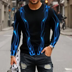Clearance OUKU Men's Graphic Flame T Shirt Long Sleeve T shirt 3D Print Crew Neck Shirt Fashion Designer Casual Sports Outdoor Holiday Going out Blue Purple Orange Spring & Fall Clothing Apparel S M L XL 2XL 3XL