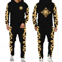 Discount OUKU Men's Graphic Florals 2pcs 3D Sweatshirt Sets Tracksuit Hoodies Long Sleeve Long pants Hooded Streetwear Designer Basic Sports & Outdoor Casual Sports Print Spring Fall Black+Brown Black Gold