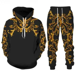 Discount OUKU Men's Graphic Florals 2pcs 3D Sweatshirt Sets Tracksuit Hoodies Long Sleeve Long pants Hooded Streetwear Designer Basic Sports & Outdoor Casual Sports Print Spring Fall Black+Brown Black Gold