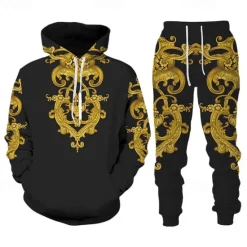 Discount OUKU Men's Graphic Florals 2pcs 3D Sweatshirt Sets Tracksuit Hoodies Long Sleeve Long pants Hooded Streetwear Designer Basic Sports & Outdoor Casual Sports Print Spring Fall Black+Brown Black Gold