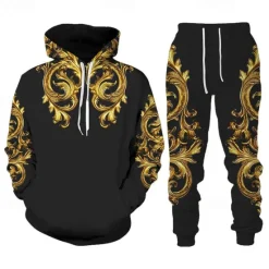 Discount OUKU Men's Graphic Florals 2pcs 3D Sweatshirt Sets Tracksuit Hoodies Long Sleeve Long pants Hooded Streetwear Designer Basic Sports & Outdoor Casual Sports Print Spring Fall Black+Brown Black Gold