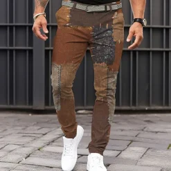 Best OUKU Men's Graphic Geometric Color Block Dress Pants Mid Waist Vintage Casual Formal Dailywear Pocket Summer Spring Fall Brown