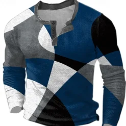 Outlet OUKU Men's Graphic Geometric Color Block Waffle Henley Shirt Casual Style Classic Style Long Sleeve Fashion Designer Basic Outdoor Daily Spring & Fall Blue Burgundy Brown Green Henley Henley T-Shirt