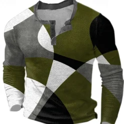 Outlet OUKU Men's Graphic Geometric Color Block Waffle Henley Shirt Casual Style Classic Style Long Sleeve Fashion Designer Basic Outdoor Daily Spring & Fall Blue Burgundy Brown Green Henley Henley T-Shirt