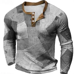 Outlet OUKU Men's Graphic Geometric Color Block Waffle Henley Shirt Casual Style Classic Style Long Sleeve Fashion Designer Basic Outdoor Daily Spring & Fall Henley Henley T-Shirt Grey