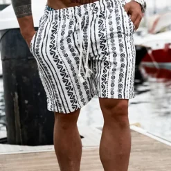 OUKU Men's Graphic Geometric Pattern Shorts Summer Shorts Beach Shorts Mid Waist Streetwear Hawaiian Designer Casual Daily Holiday Elastic Waist 3D Print Drawstring Designer Clothing Apparel White